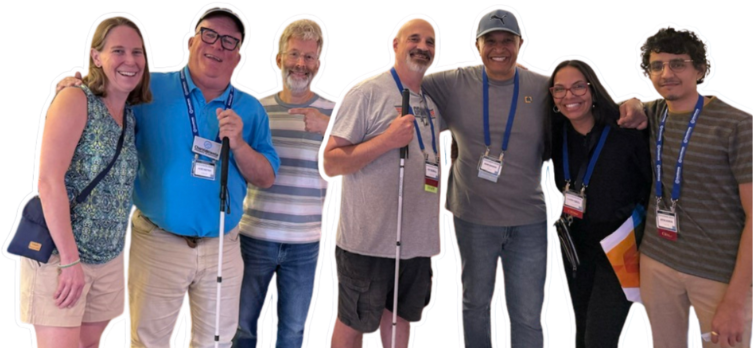 Group of people with choroideremia, their family members, and researchers posing together at the 2025 CRF International Conference against a dark blue to light blue gradient background.