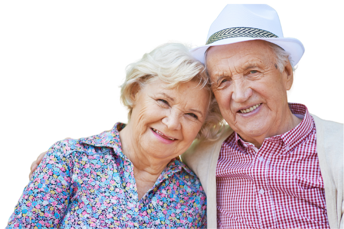 Estate & Legacy Giving An older woman leans her head on her husband’s shoulder against a blue background.