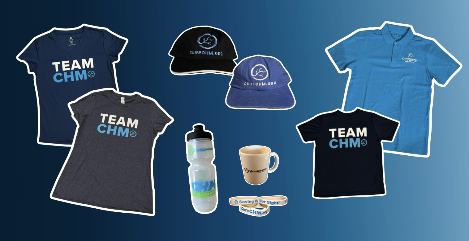 Dark blue to light blue gradient background displaying Team CHM merchandise: two t-shirts (one blue, one dark gray), two hats (one black, one blue), a water bottle, a coffee mug, wristbands, a dark blue youth t-shirt, and a light blue CRF polo.