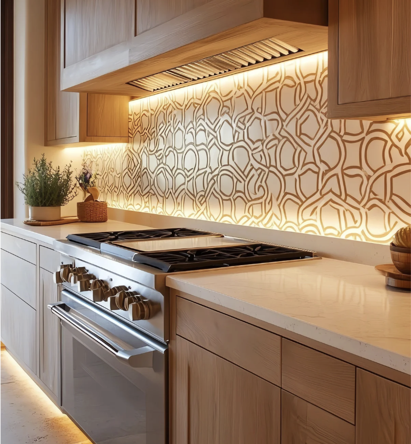Under-cabinet lighting in a kitchen, including lights beneath the upper cabinets and under the stove area.