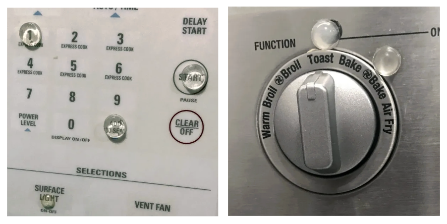 Tactile bump dots on a microwave, including buttons for 1 minute, add 30 seconds,
start, and surface light, as well as on the toast and bake features of another kitchen appliance.