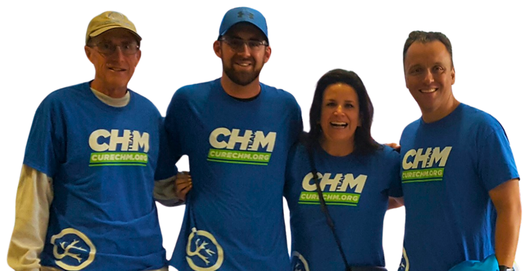 Group of four Team CHM members sporting their CureCHM.org t-shirts.