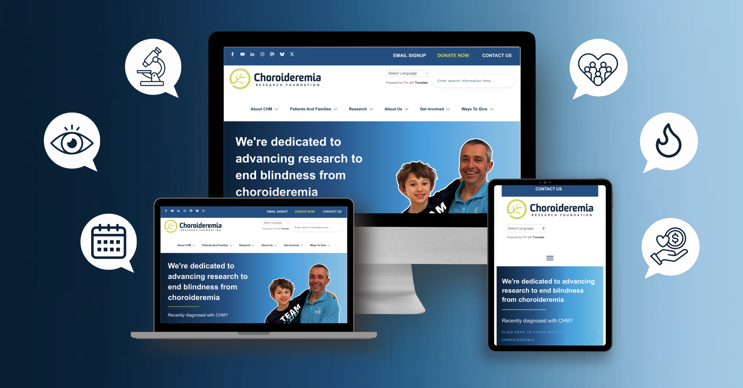 A screencap of what the redesigned CRF website looks like on a desktop, tablet, and mobile phone.